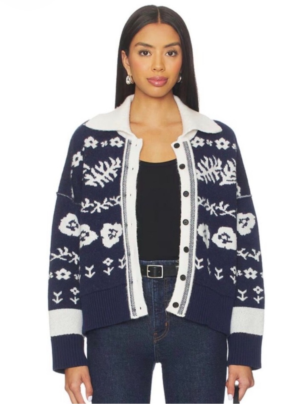 Free People Shelby Navy Floral Cozy Knit Cardigan XL